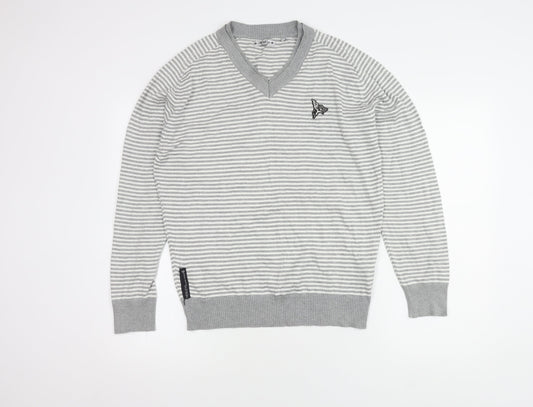 Henleys Men's Grey Striped V-Neck Pullover M