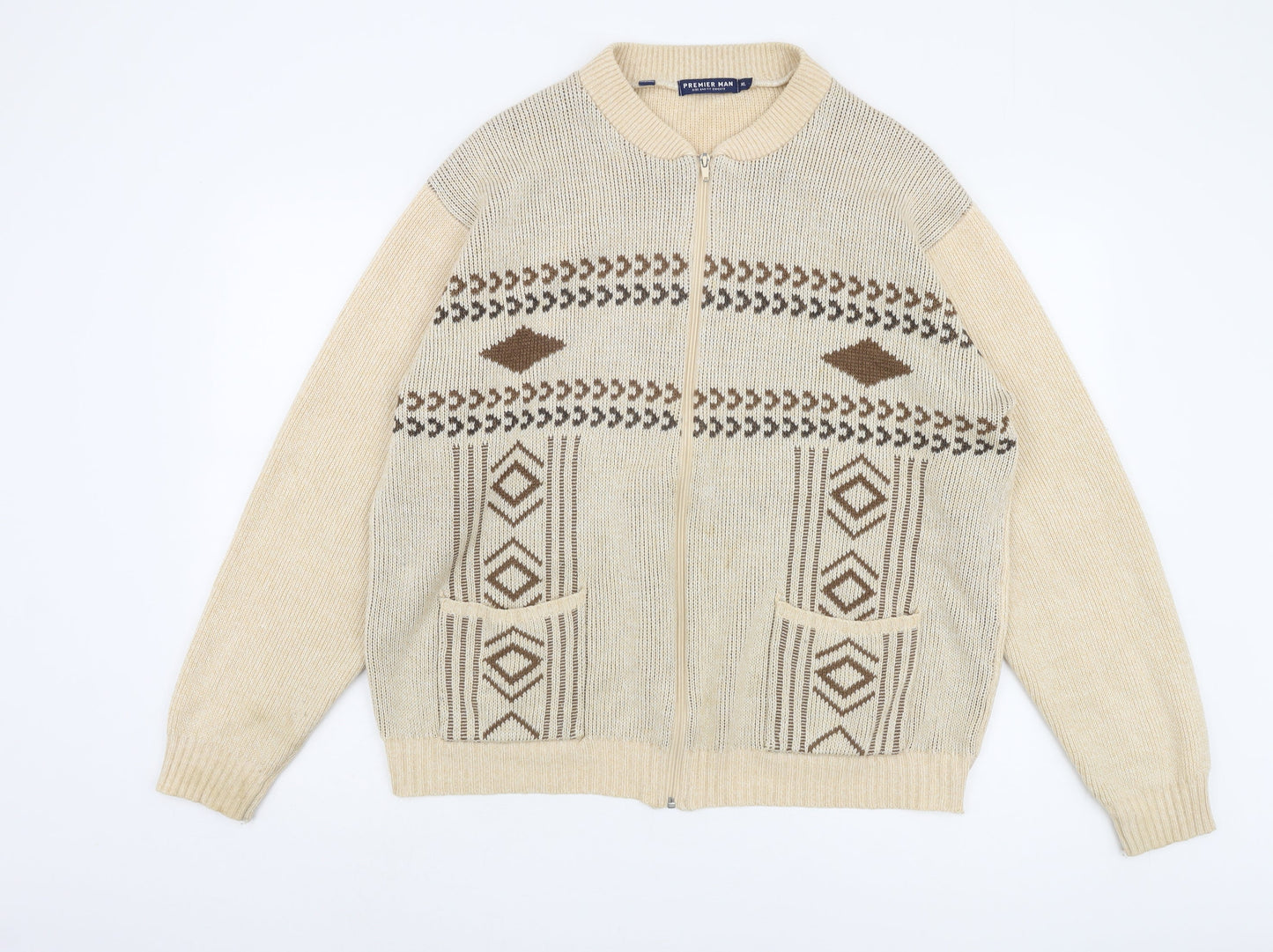 Premier Man XL Beige Full Zip Geometric Jumper