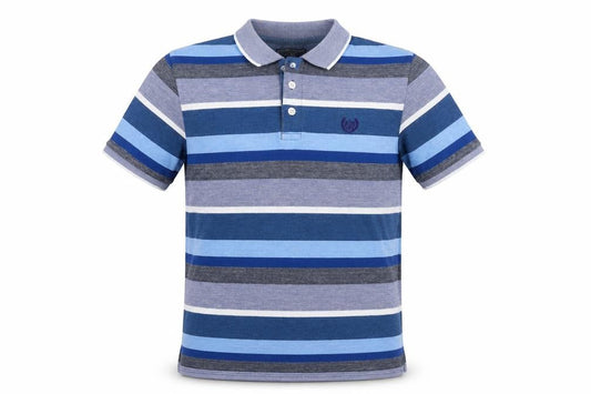 Front view of Atlantic Bay Men's Blue Striped Polo Shirt, size S