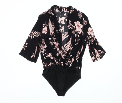 River Island Women's Black Pink Floral Bodysuit Size 10