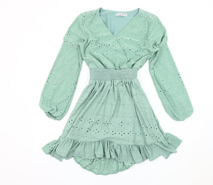 REYON Green Wrap Dress Women M Long Sleeve Ruffle