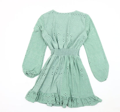 REYON Green Wrap Dress Women M Long Sleeve Ruffle