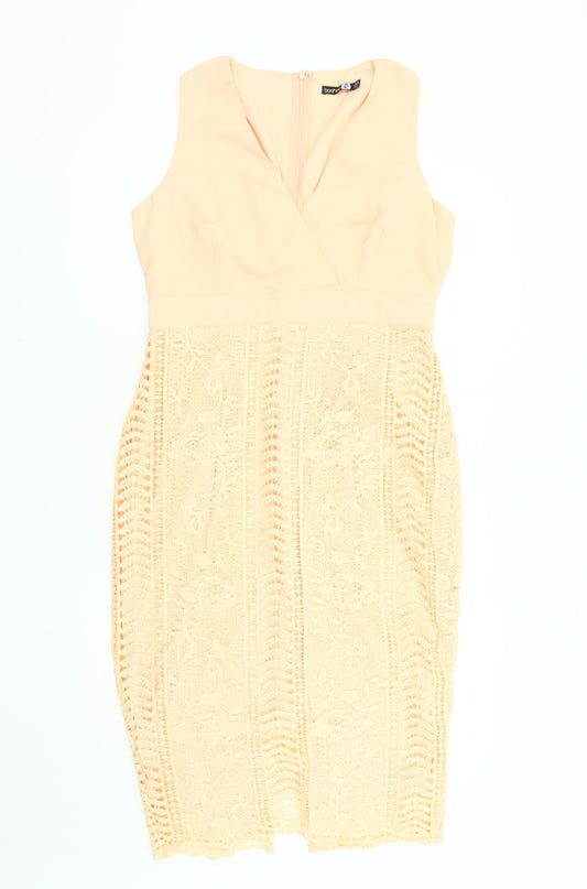 Boohoo Women's Beige Sleeveless V-Neck Dress