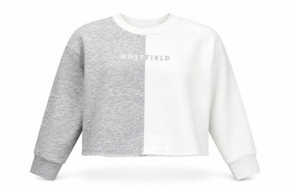 Front view of Holyfield girls’ colourblock pullover sweatshirt xs grey white