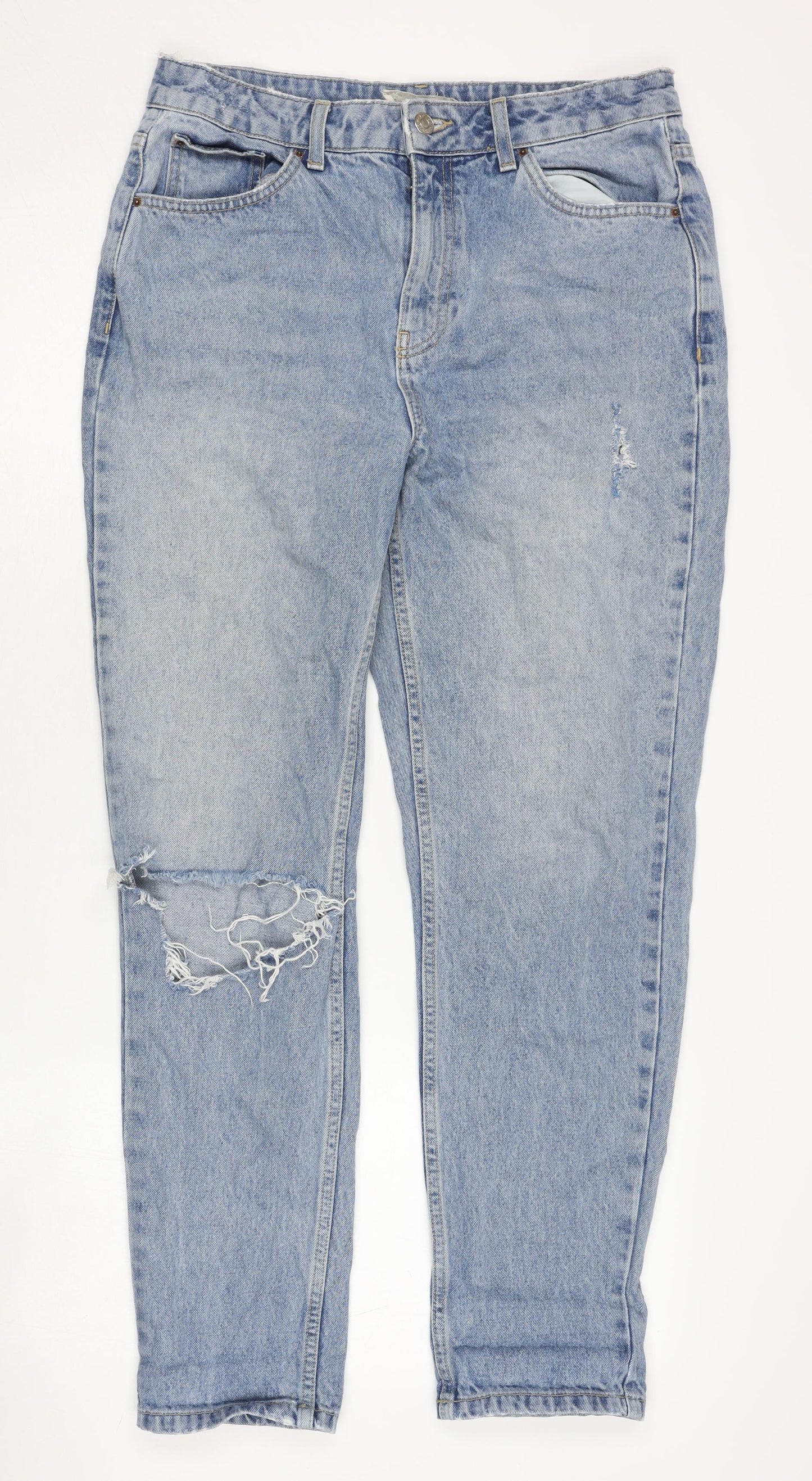 Topshop Women’s Blue Mom Jeans with Distressed Details