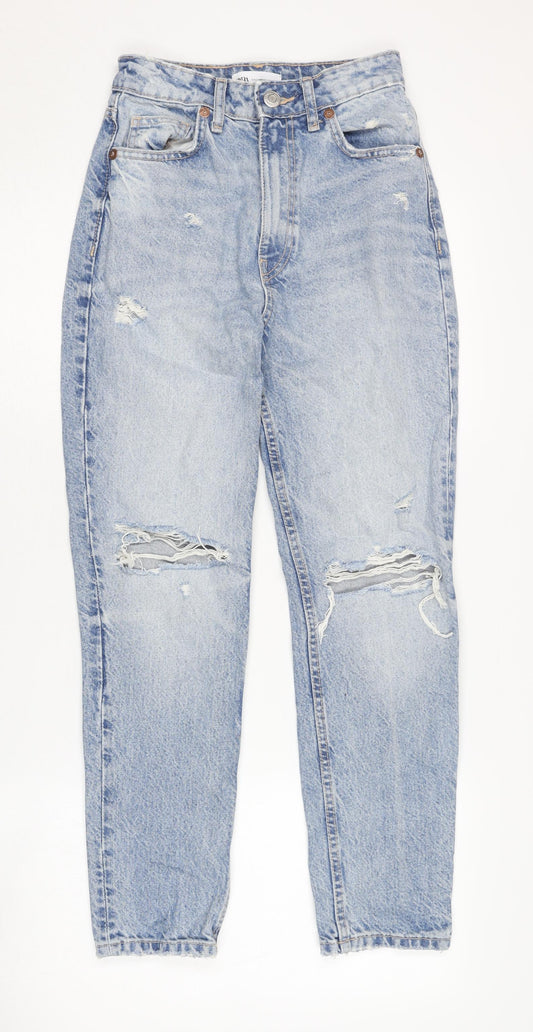 Zara Women's Blue Mom Jeans Size 4 High-Rise Distressed