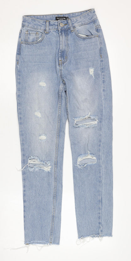 PrettyLittleThing Women Blue Distressed Mom Jeans 2XS