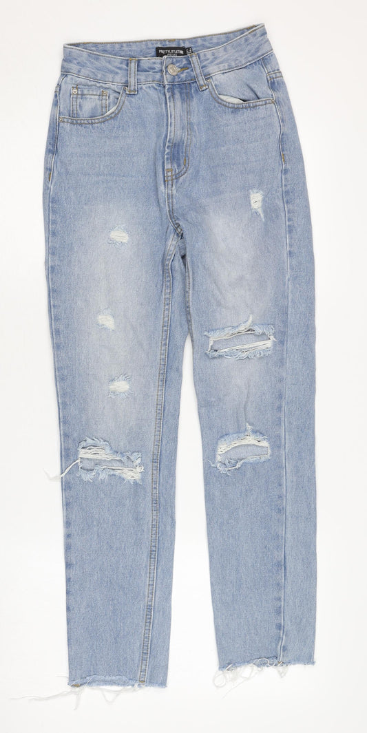PrettyLittleThing Women Blue Distressed Mom Jeans 2XS
