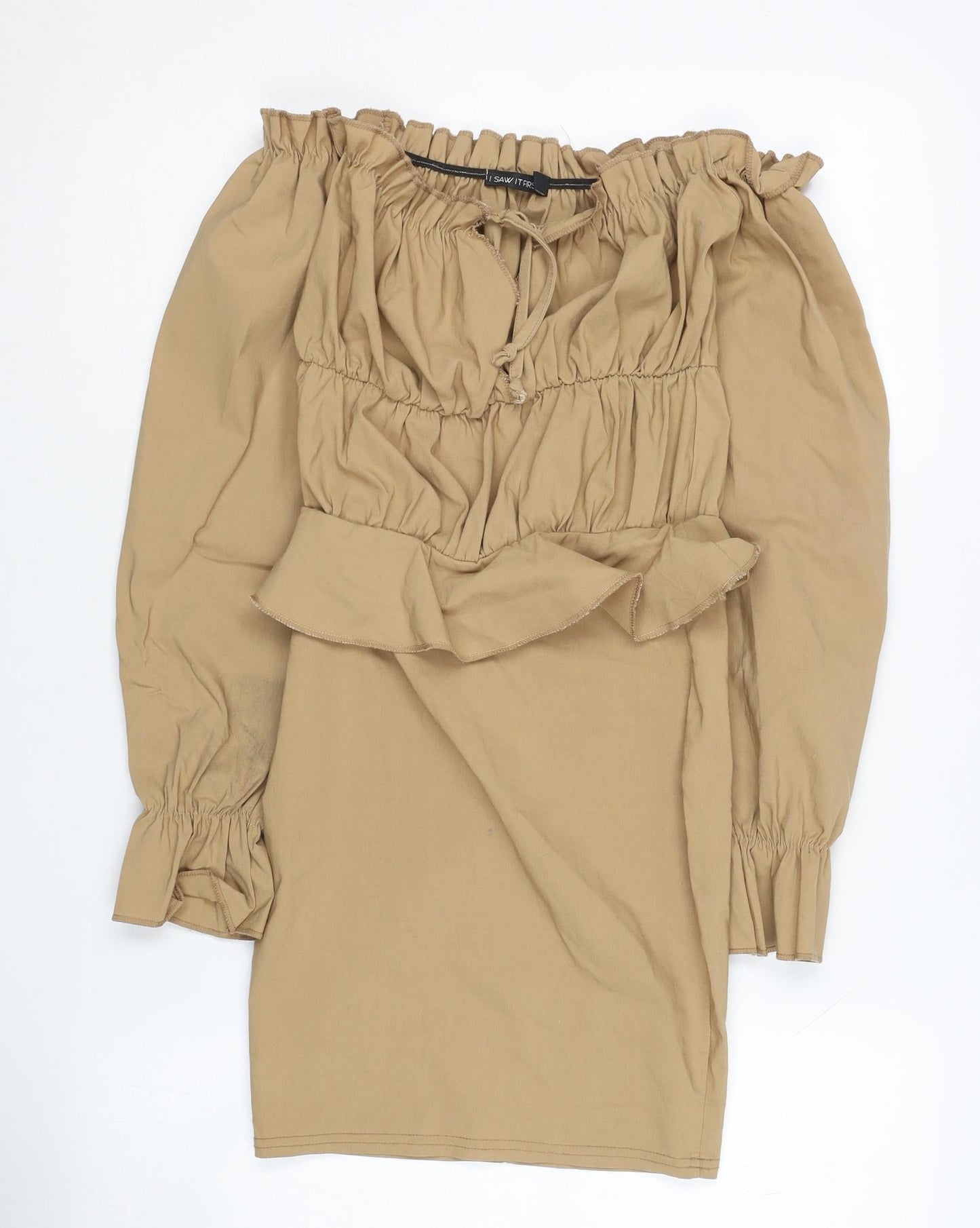 I Saw It First Women's Beige Off Shoulder Ruffle Dress, Size 6