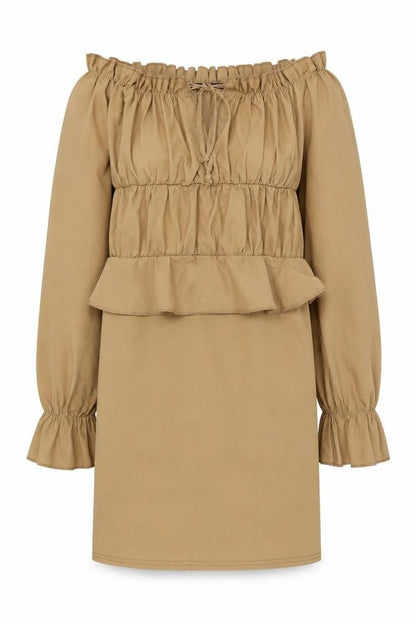 I Saw It First Women's Beige Off Shoulder Ruffle Dress, Size 6