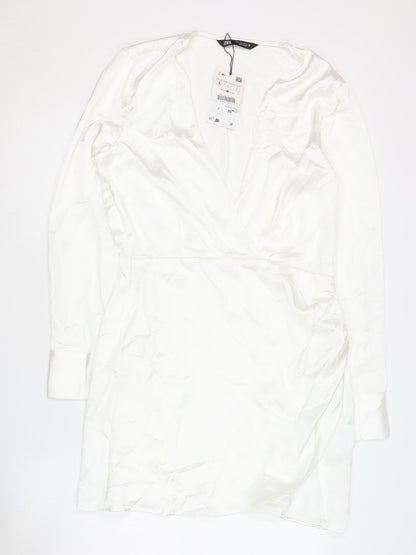 Zara Women's White Long Sleeve V-Neck Dress Size 12