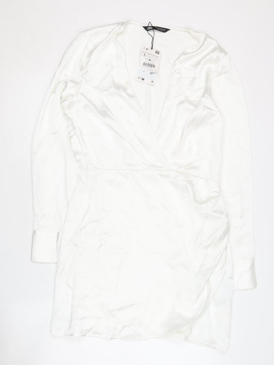 Zara Women's White Long Sleeve V-Neck Dress Size 12