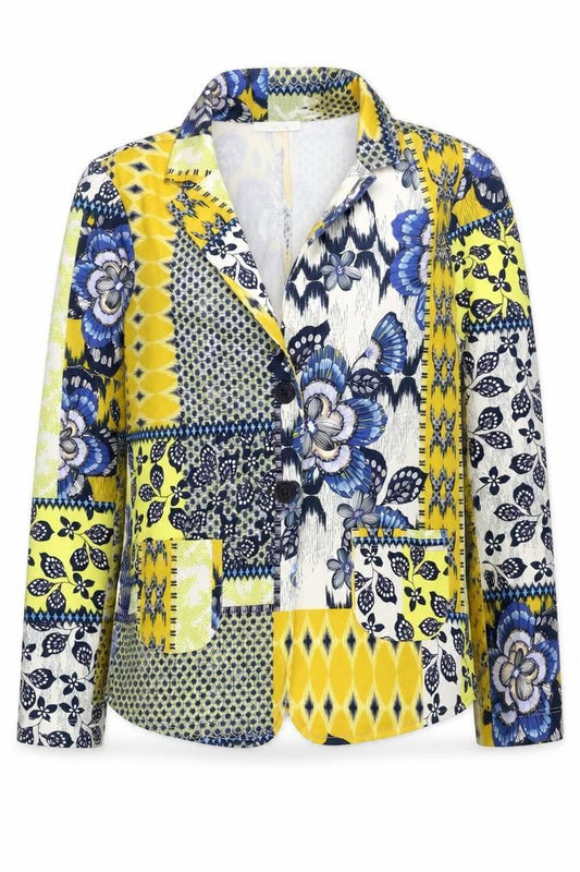 SANI BLU Women's Yellow & Blue Floral Patchwork Blazer, Size 10