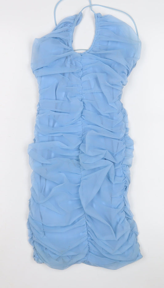 Oh Polly Women's Blue Ruched Sleeveless Dress