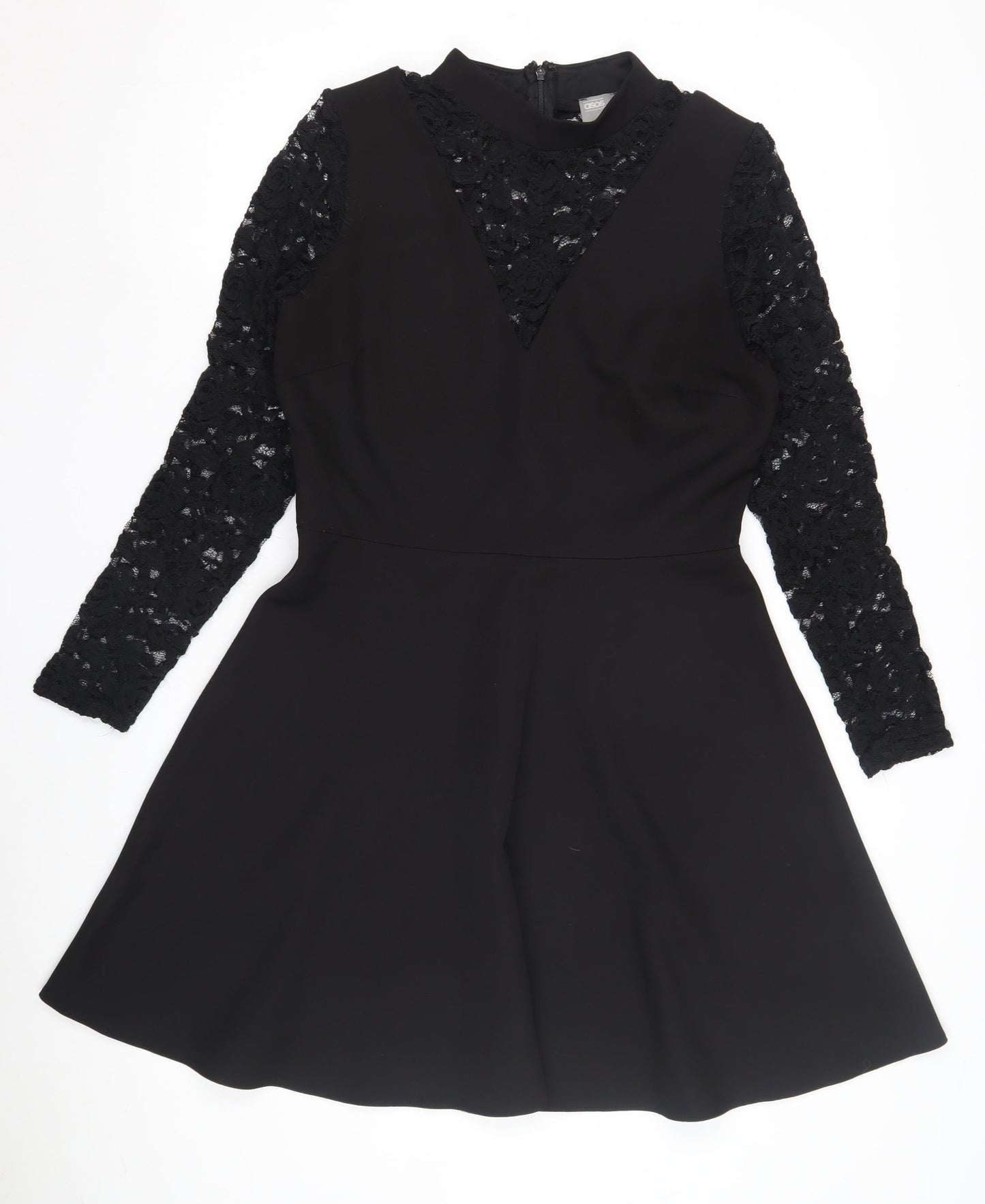 ASOS Women's Black A-Line Dress, Size 12, Lace Sleeves