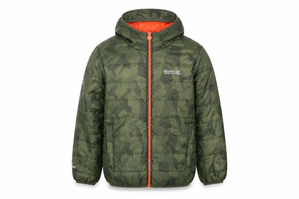 Front view of Regatta boys’ green camouflage puffer jacket 7-8 years