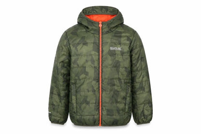 Front view of Regatta boys’ green camouflage puffer jacket 7-8 years