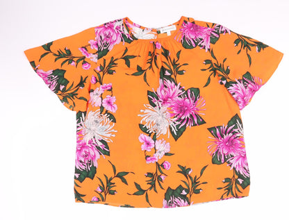 Warehouse Women’s Orange Floral Top, Size 12, Short Sleeve