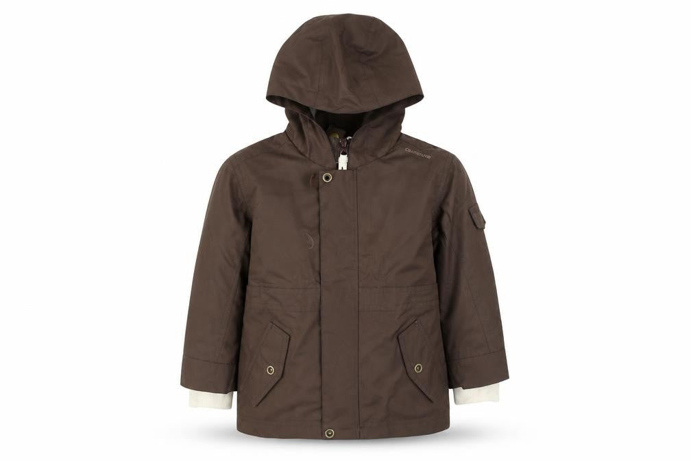 Front view of Quechua boys’ brown parka jacket, hooded mid-length 2 years