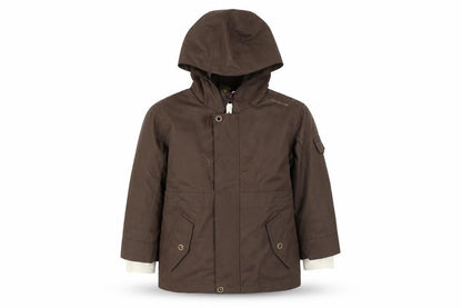 Front view of Quechua boys’ brown parka jacket, hooded mid-length 2 years