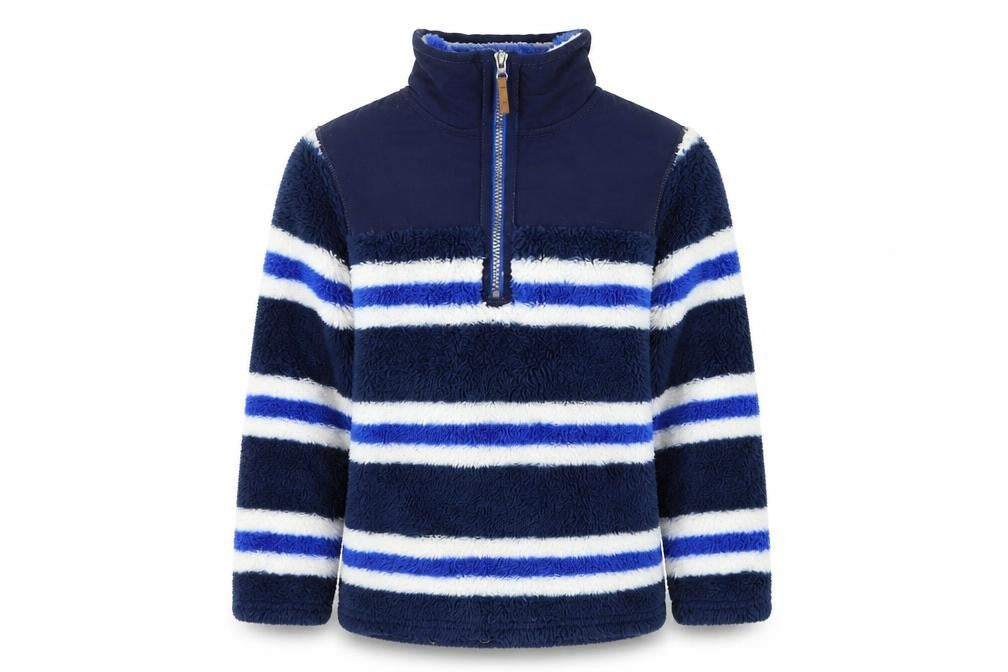 Front view of Joules girls’ blue striped pullover sweatshirt 5-6 years