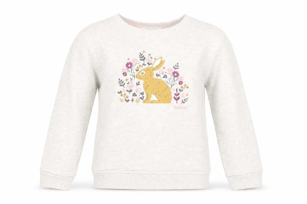 Front view of Barbour girls’ white bunny graphic sweatshirt s