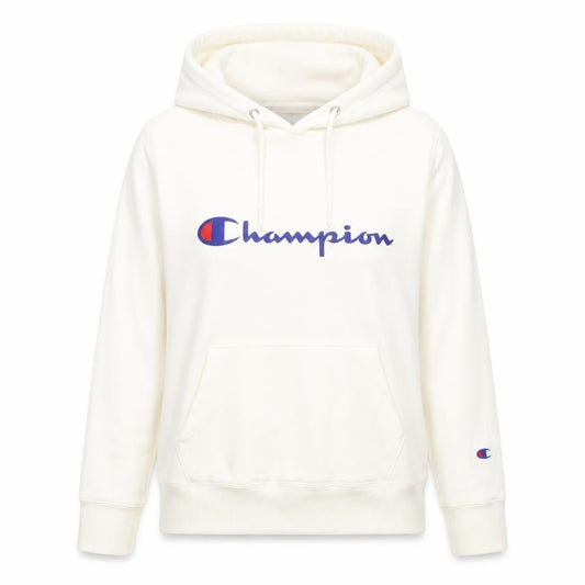 Front view of Champion unisex white hoodie m - logo, casual, fleece