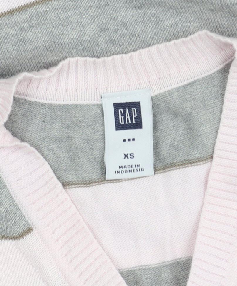 Gap Women's Pink/Grey Striped V-Neck Vest XS