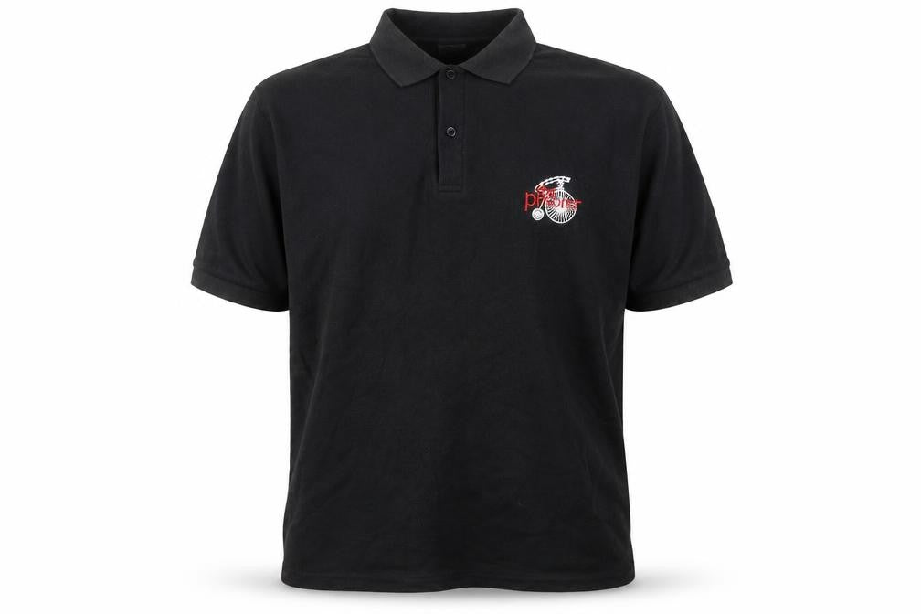 Front view of Jerzees unisex adults black polo xl - the prisoner logo