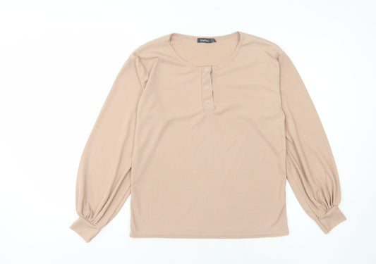 Boohoo Women's Beige Long Sleeve Henley T-Shirt