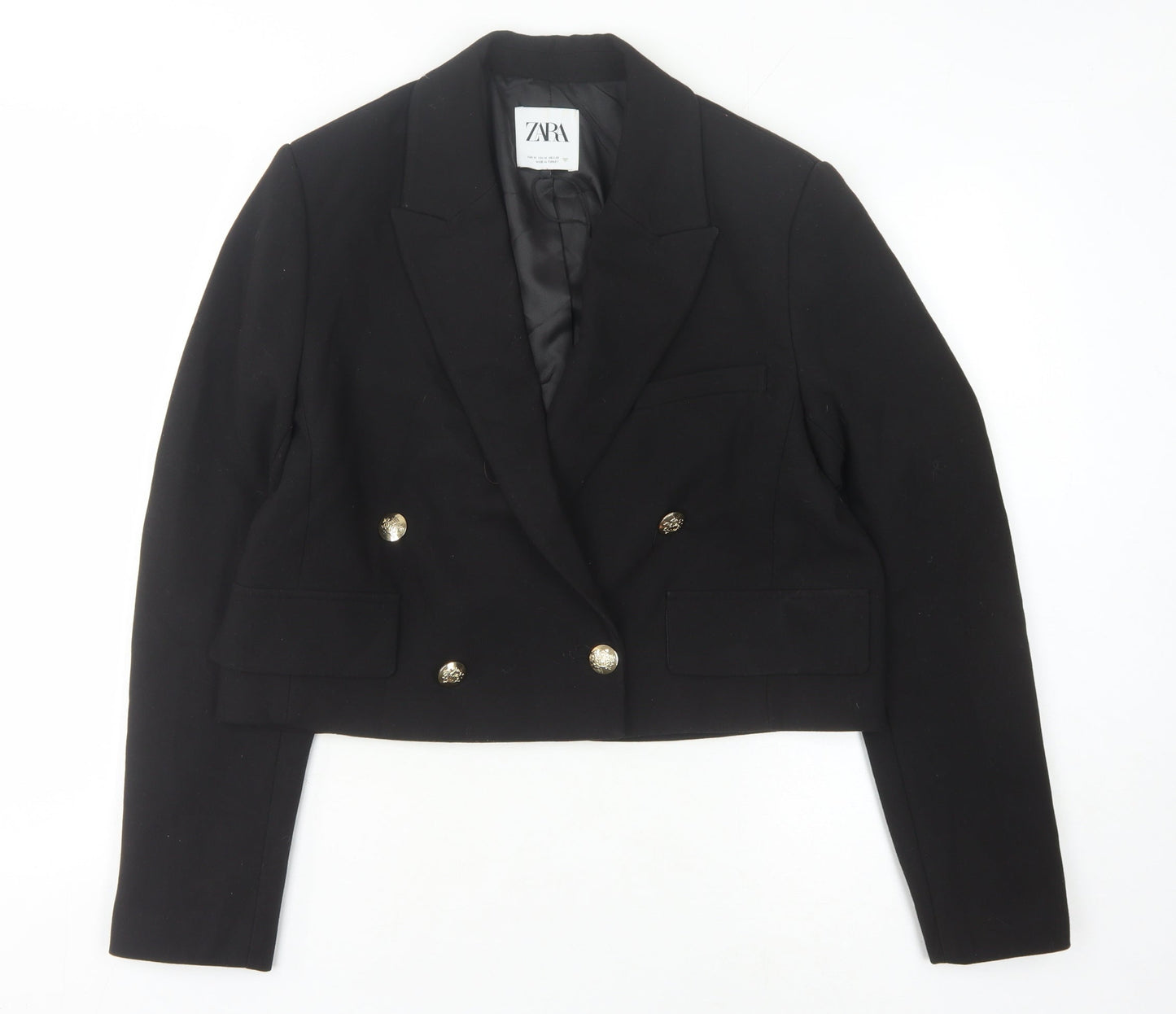 Zara Women's Black Double-Breasted Cropped Blazer, Size 12