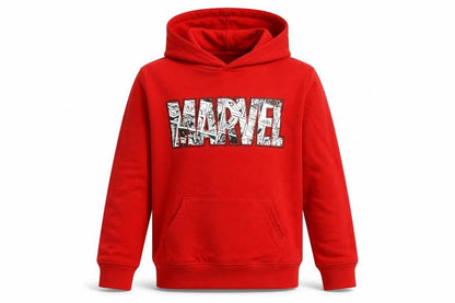 Front view of Marvel boys’ red graphic hoodie 11-12 years pullover style