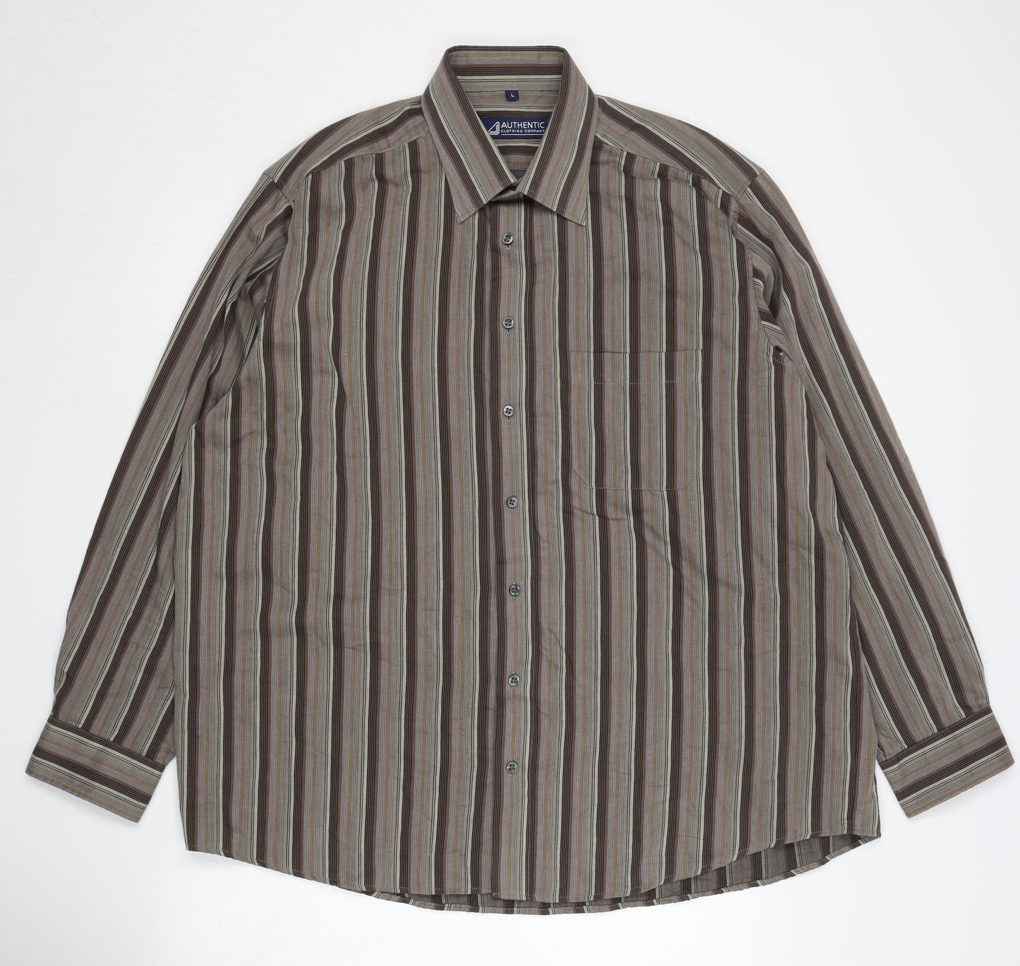 Authentic Men's Brown Striped Long Sleeve Shirt L