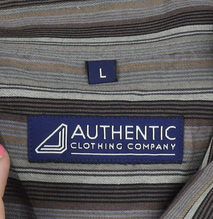 Authentic Men's Brown Striped Long Sleeve Shirt L
