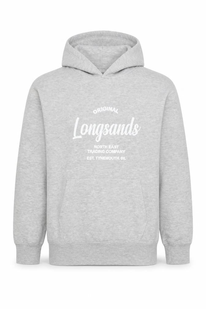 Front view of Longsands boys’' grey pullover hoodie l with logo accents