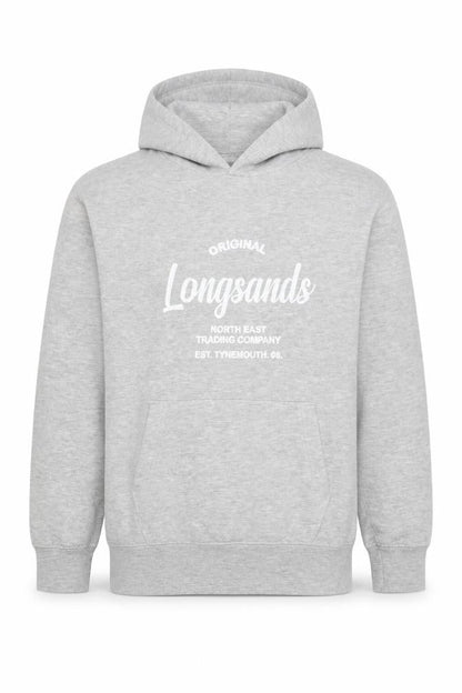Front view of Longsands boys’' grey pullover hoodie l with logo accents