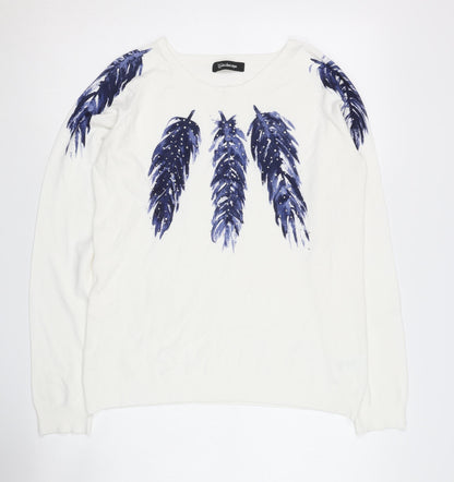 Kaleidoscope Women's White Navy Feather Jumper UK 14