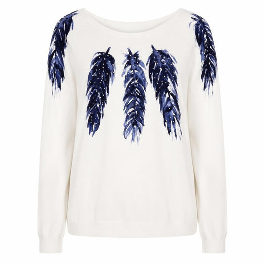 Front view of Kaleidoscope Women's White Navy Feather Jumper UK 14