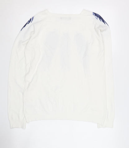Kaleidoscope Women's White Navy Feather Jumper UK 14