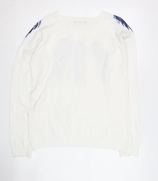 Kaleidoscope Women's White Navy Feather Jumper UK 14