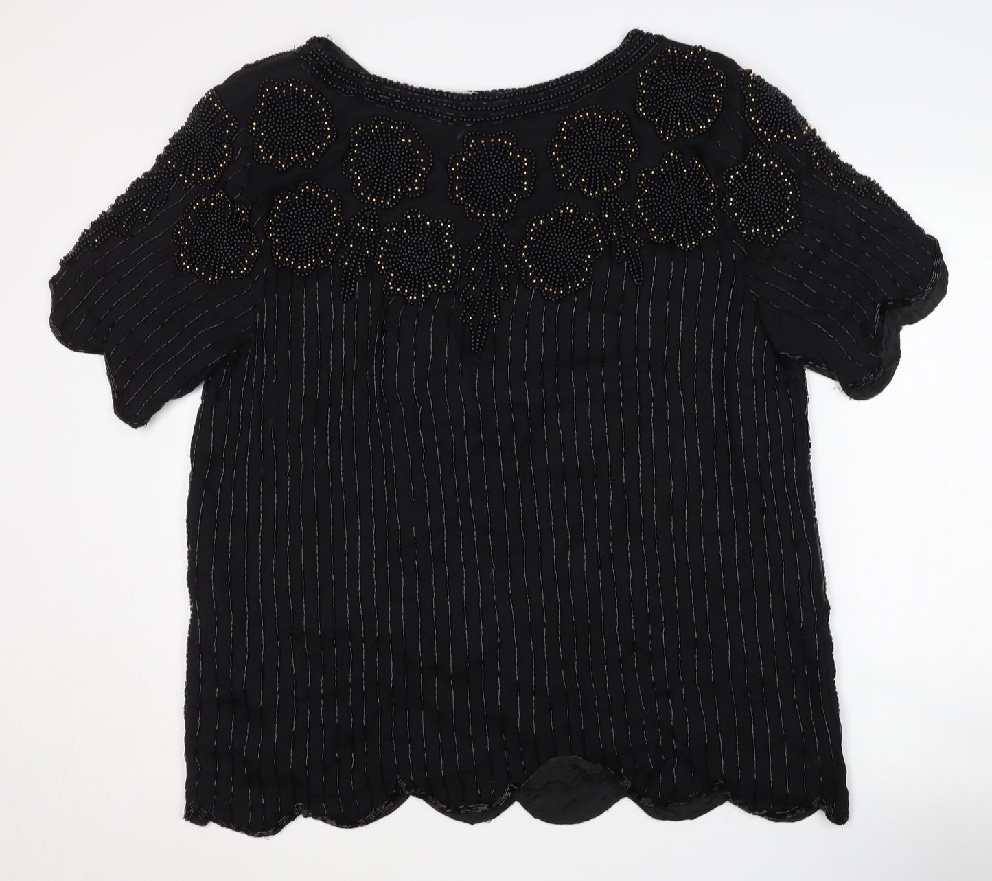 RIBBEL Women's Black Beaded Silk Blouse XL