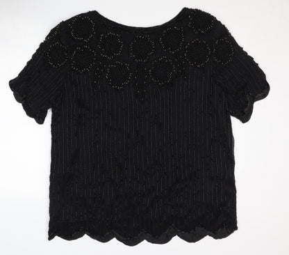 RIBBEL Women's Black Beaded Silk Blouse XL