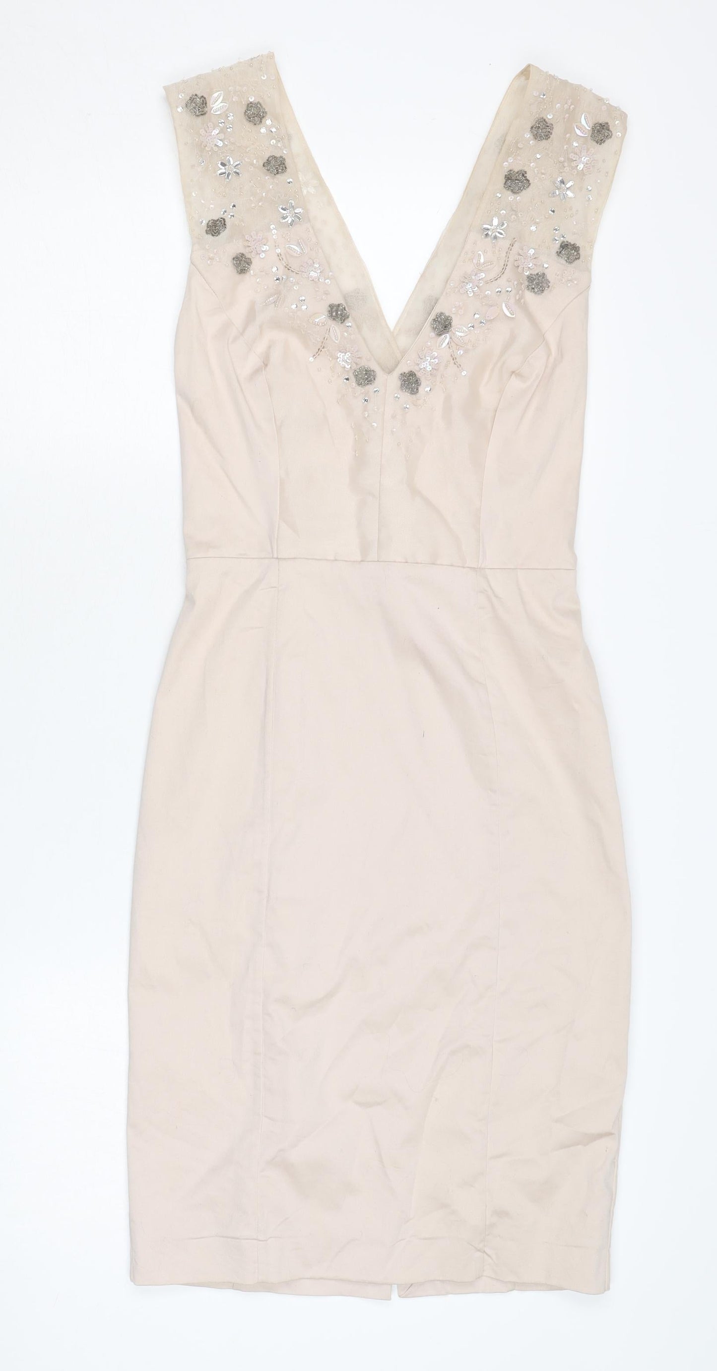 French Connection Beige Sheath Dress, Size 6, Embroidered