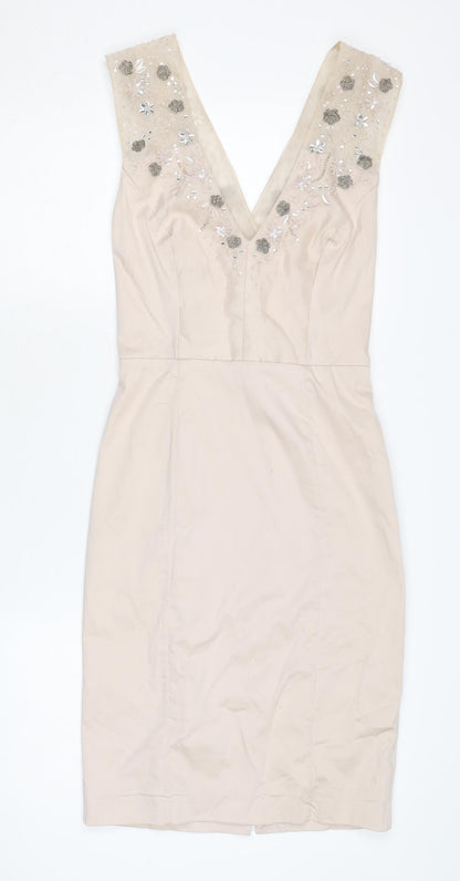 French Connection Beige Sheath Dress, Size 6, Embroidered