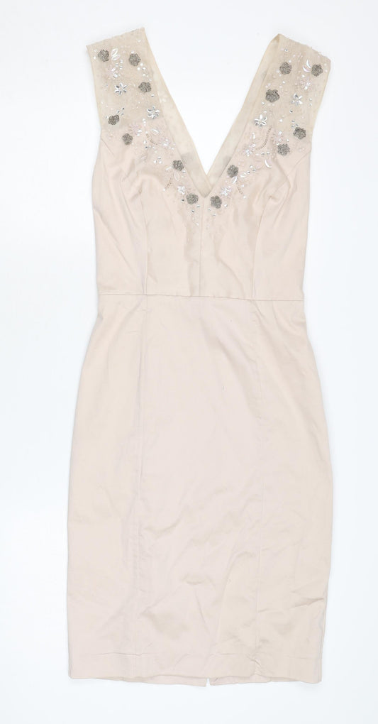 French Connection Beige Sheath Dress, Size 6, Embroidered