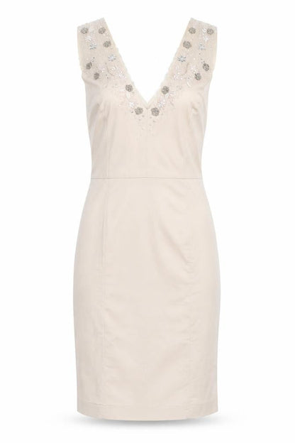 French Connection Beige Sheath Dress, Size 6, Embroidered