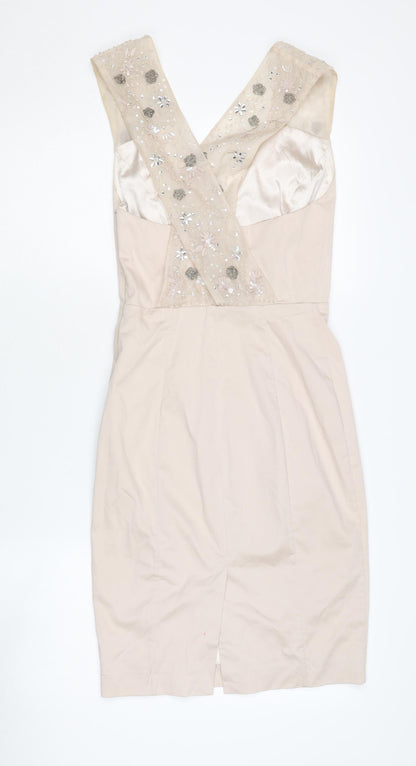 French Connection Beige Sheath Dress, Size 6, Embroidered