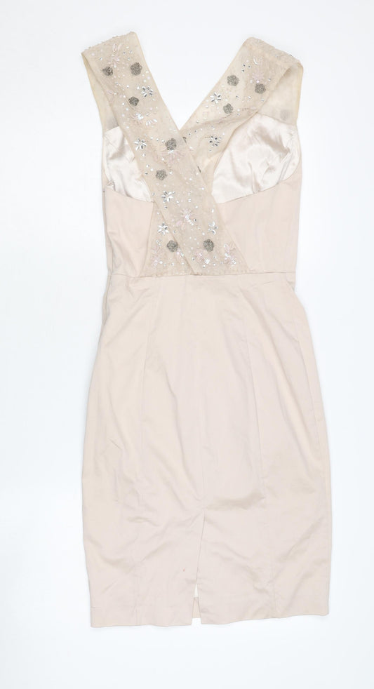 French Connection Beige Sheath Dress, Size 6, Embroidered