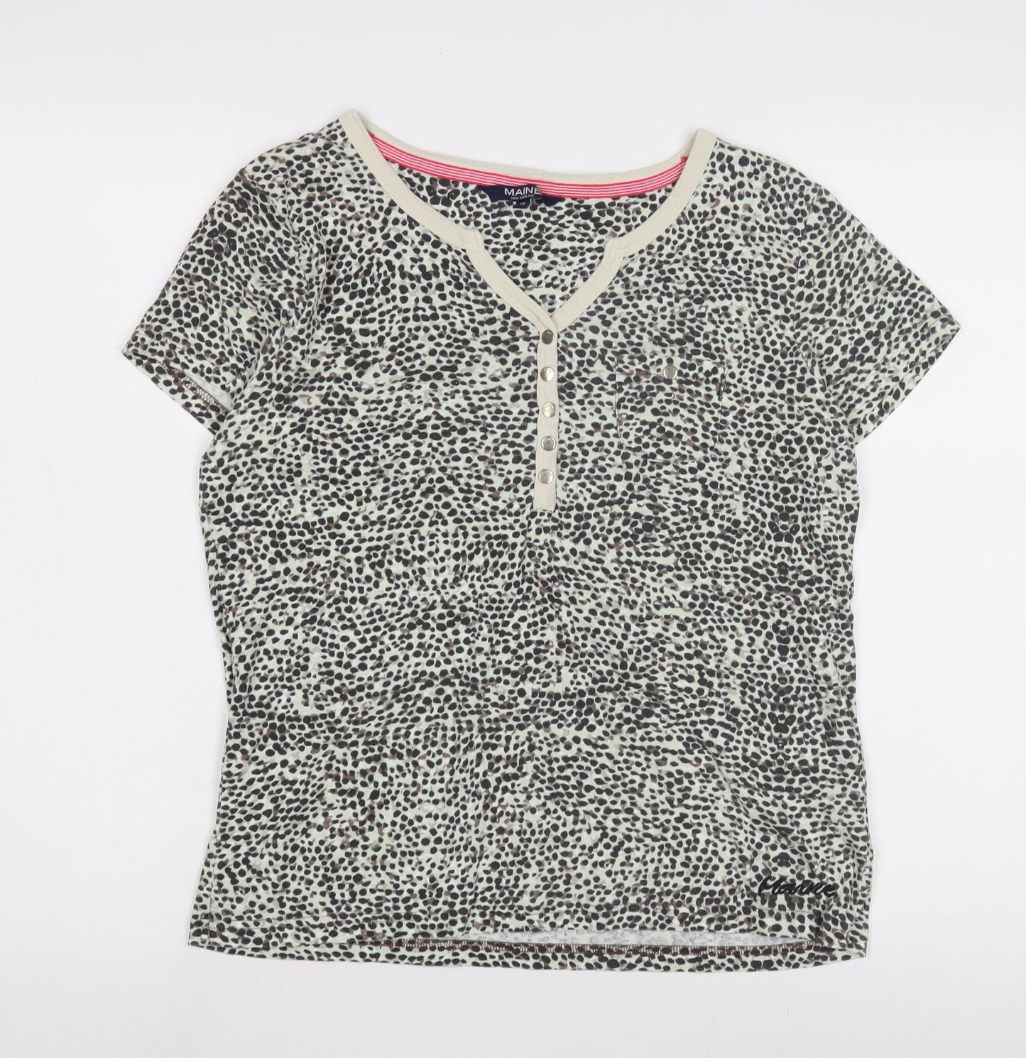 Maine Beige Animal Print Henley T-Shirt, Size 14, Women's