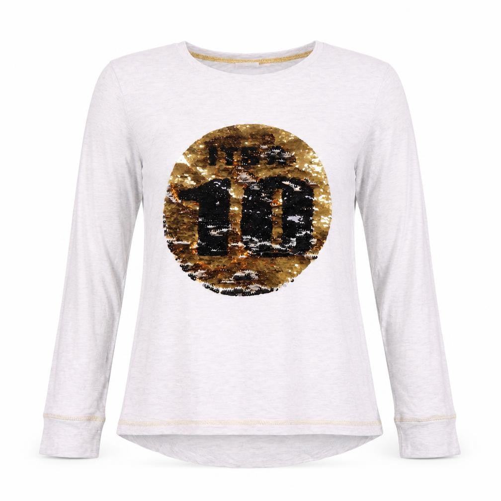 Front view of Strictly Come Dancing girls’ long sleeve grey sequin top 8-10